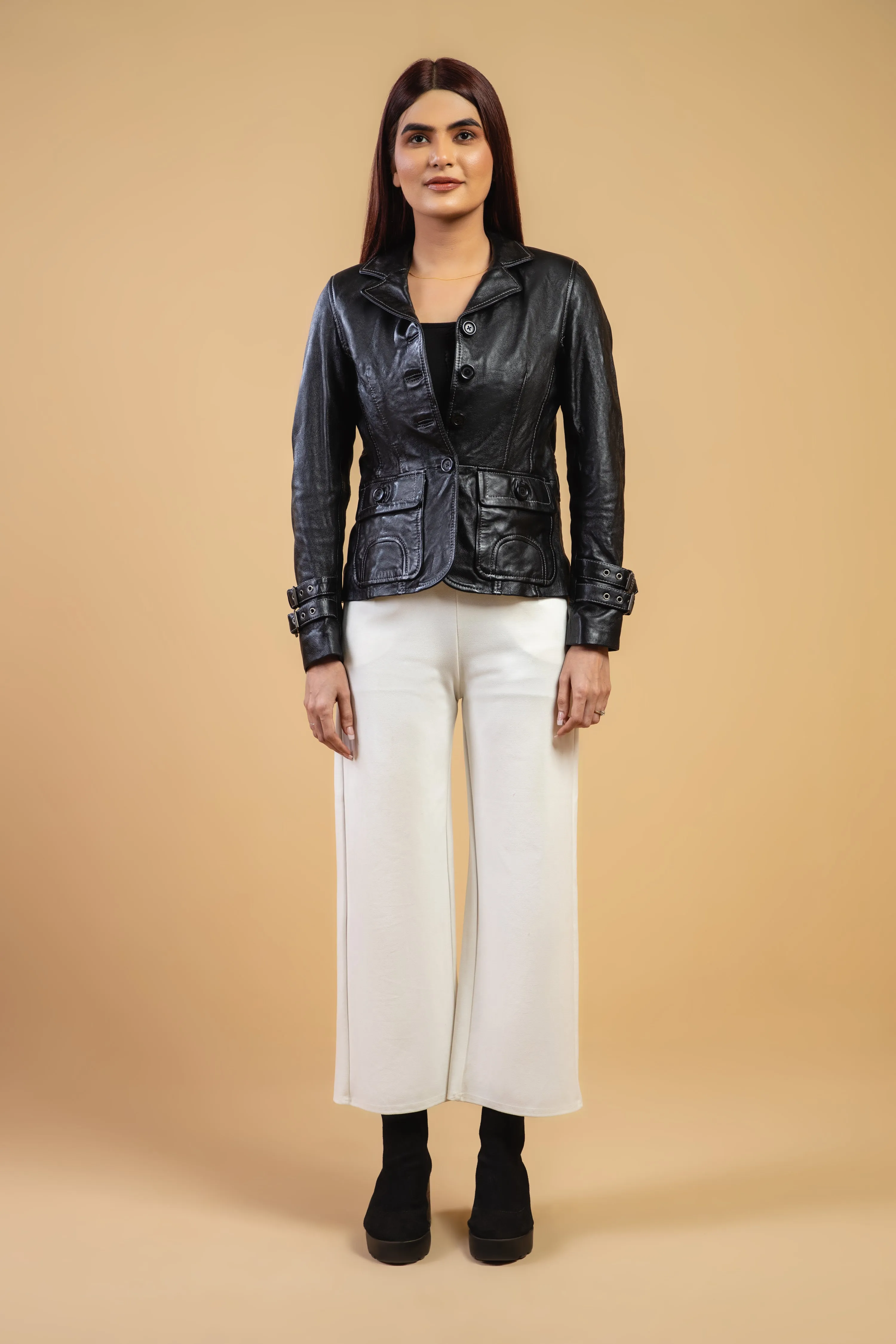Woman Damen Real Leather Blazer Coat Black Jacket Soft Lambskin