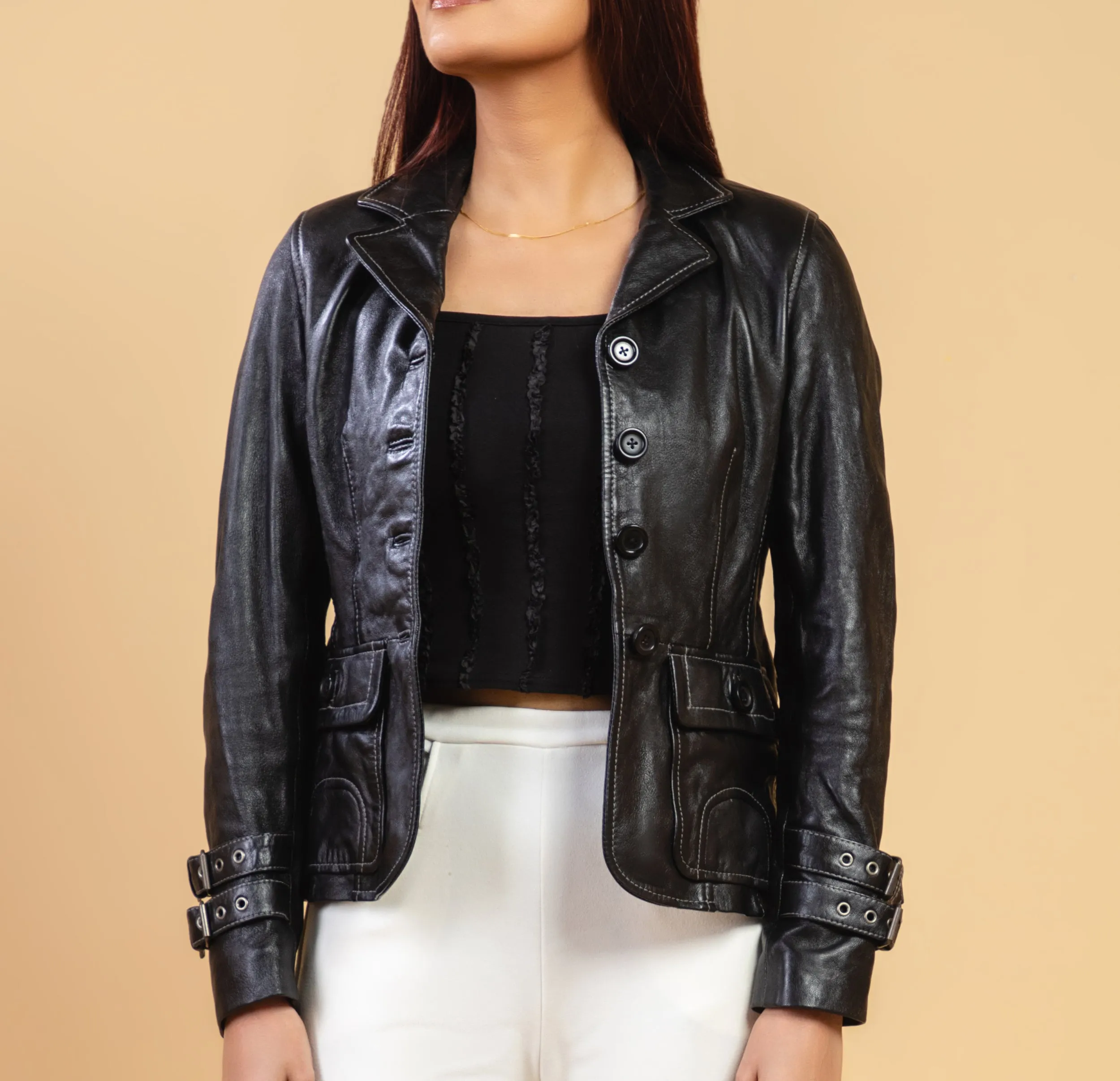 Woman Damen Real Leather Blazer Coat Black Jacket Soft Lambskin