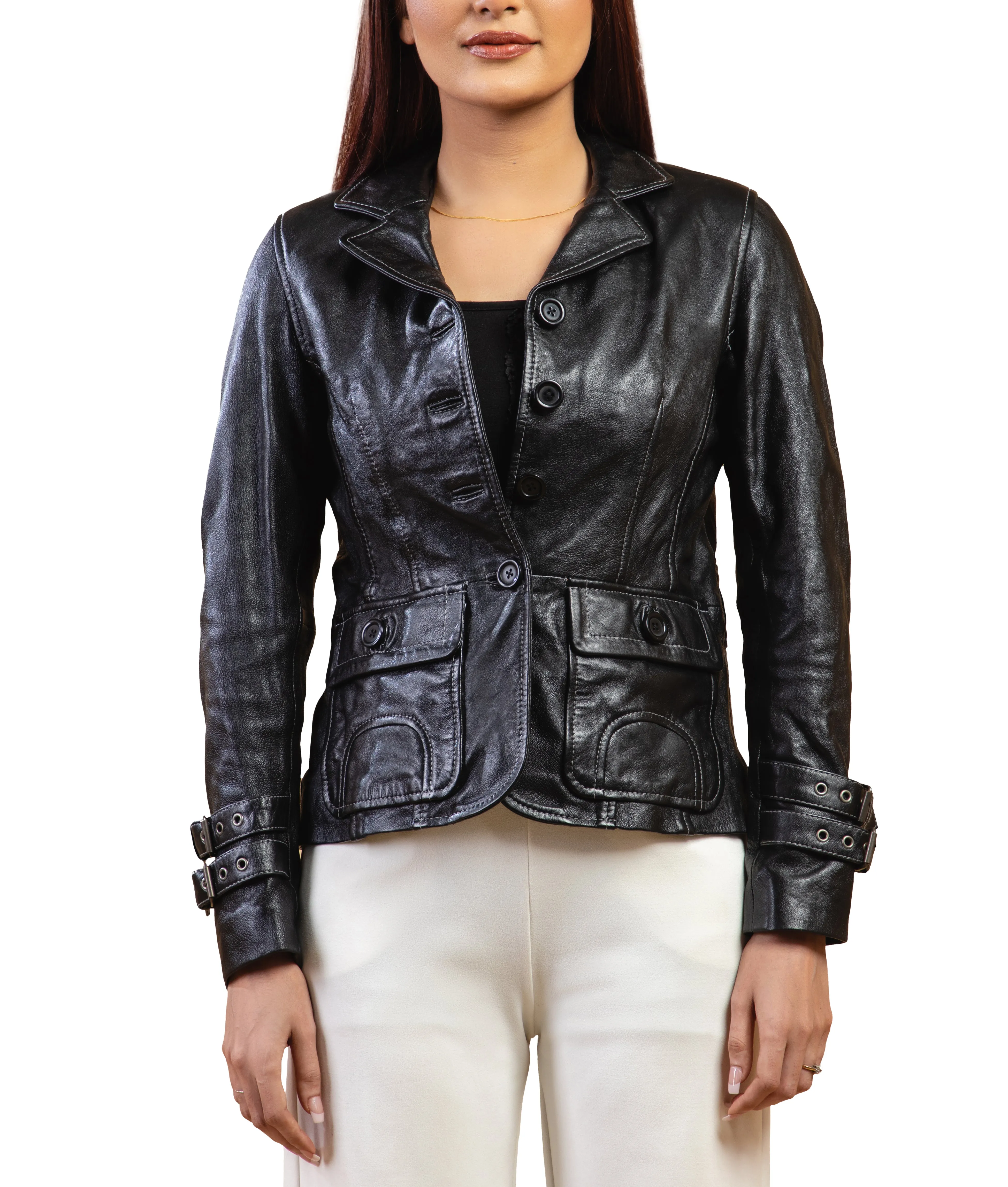 Woman Damen Real Leather Blazer Coat Black Jacket Soft Lambskin