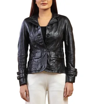 Woman Damen Real Leather Blazer Coat Black Jacket Soft Lambskin