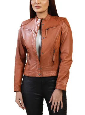 Woman Real Leather Tan Brown Biker Lambskin Jacket