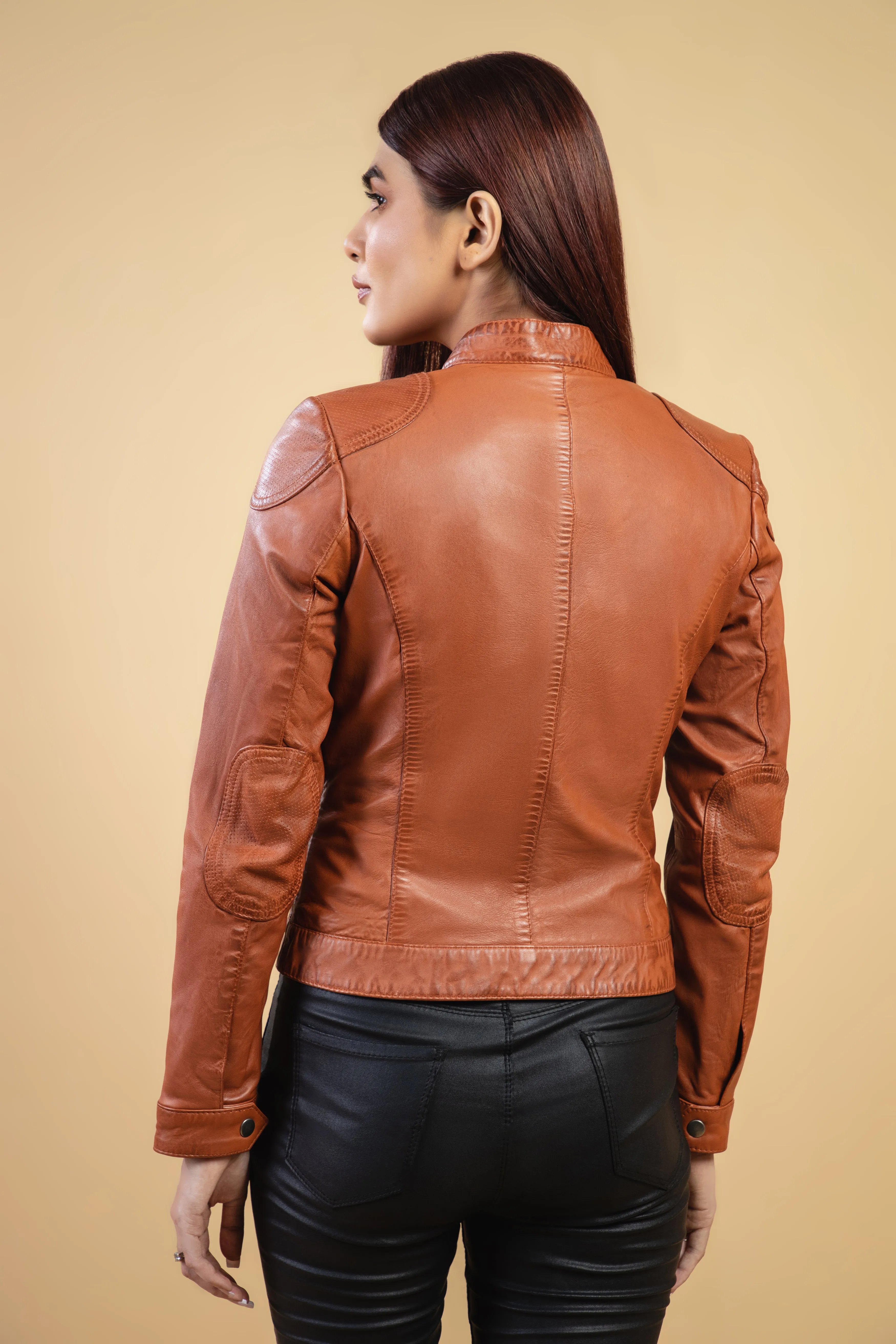 Woman Real Leather Tan Brown Biker Lambskin Jacket