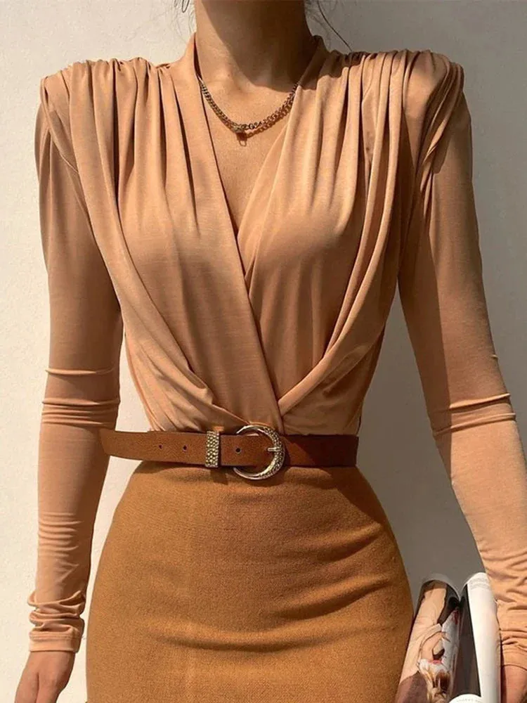 Women Black Long Sleeve V Neck Bodysuits