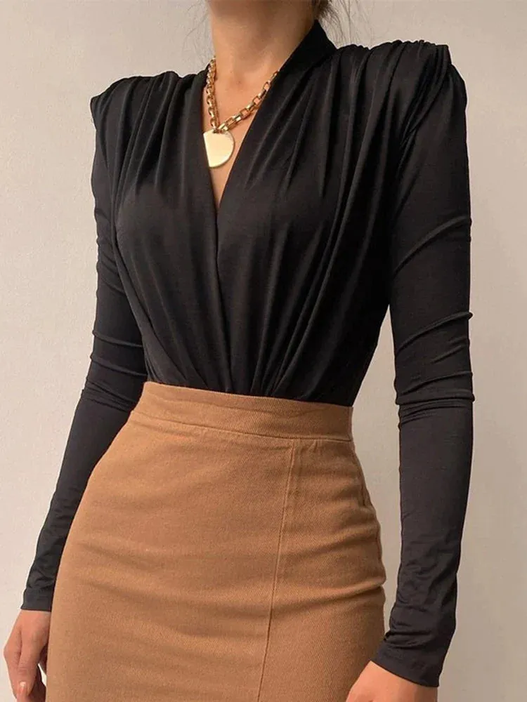 Women Black Long Sleeve V Neck Bodysuits