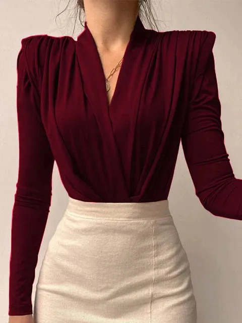 Women Black Long Sleeve V Neck Bodysuits
