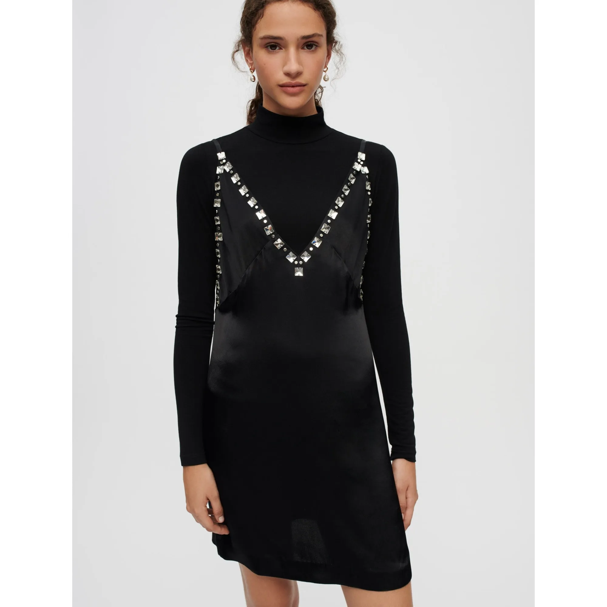 Women Black Satin Dress With Jeweled Straps - Black