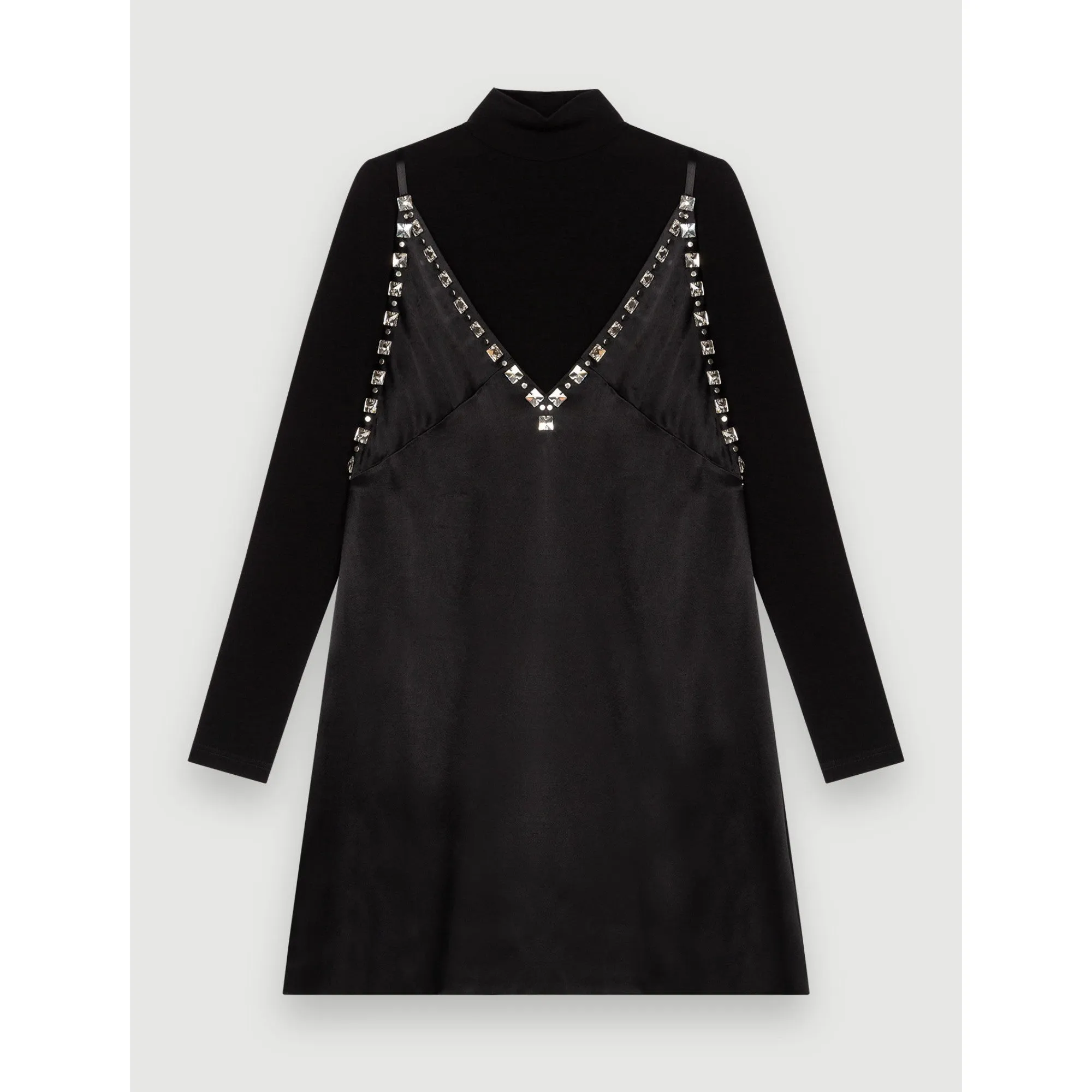 Women Black Satin Dress With Jeweled Straps - Black
