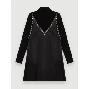 Women Black Satin Dress With Jeweled Straps - Black