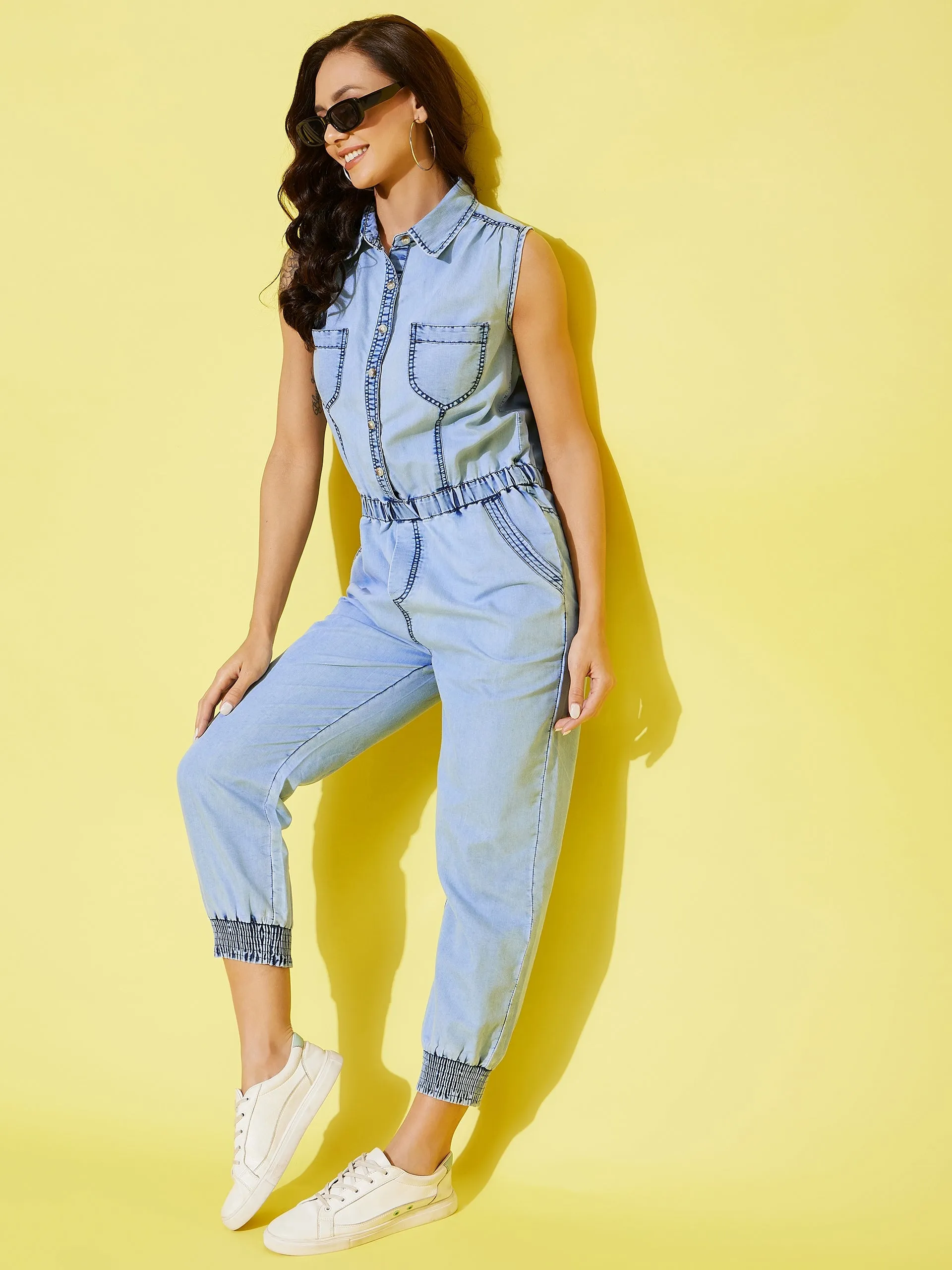 Women's Denim Jogger Style Jumpsuit - StyleStone