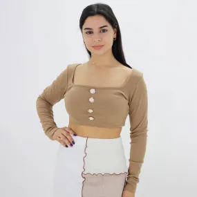 Women's Plain Solid Crew Neck Crop Top,Light Brown