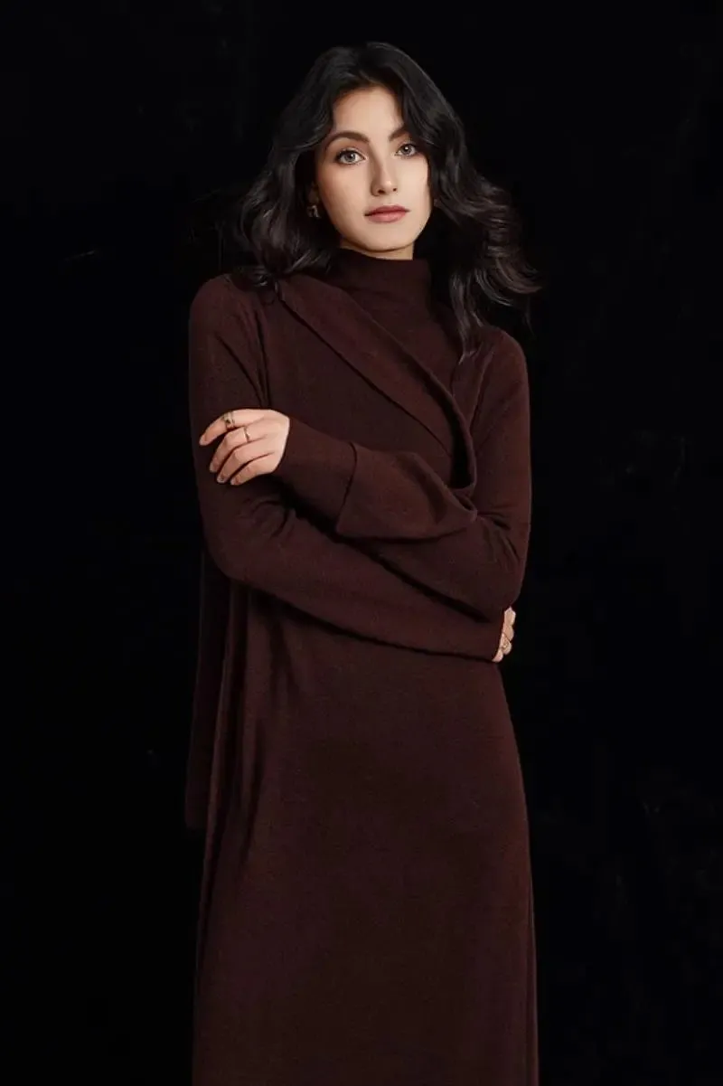 Wool Blend Long Sleeve Mock Neck Sweater Dress with Bow