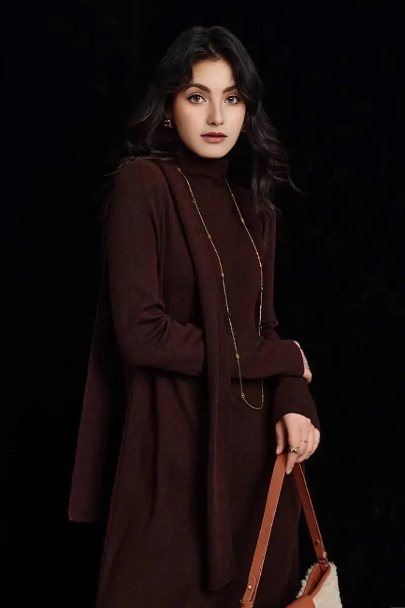 Wool Blend Long Sleeve Mock Neck Sweater Dress with Bow