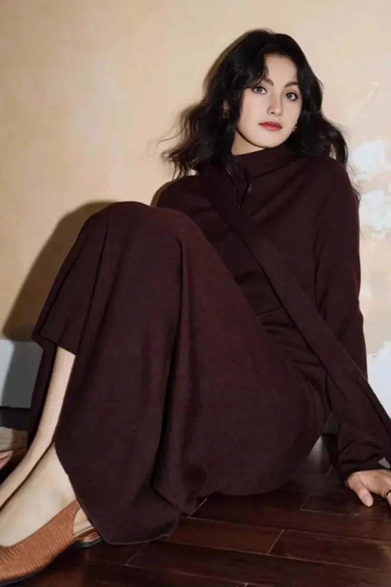 Wool Blend Long Sleeve Mock Neck Sweater Dress with Bow