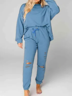 Worn Out Look Distressed Sweatshirt and Joggers Set