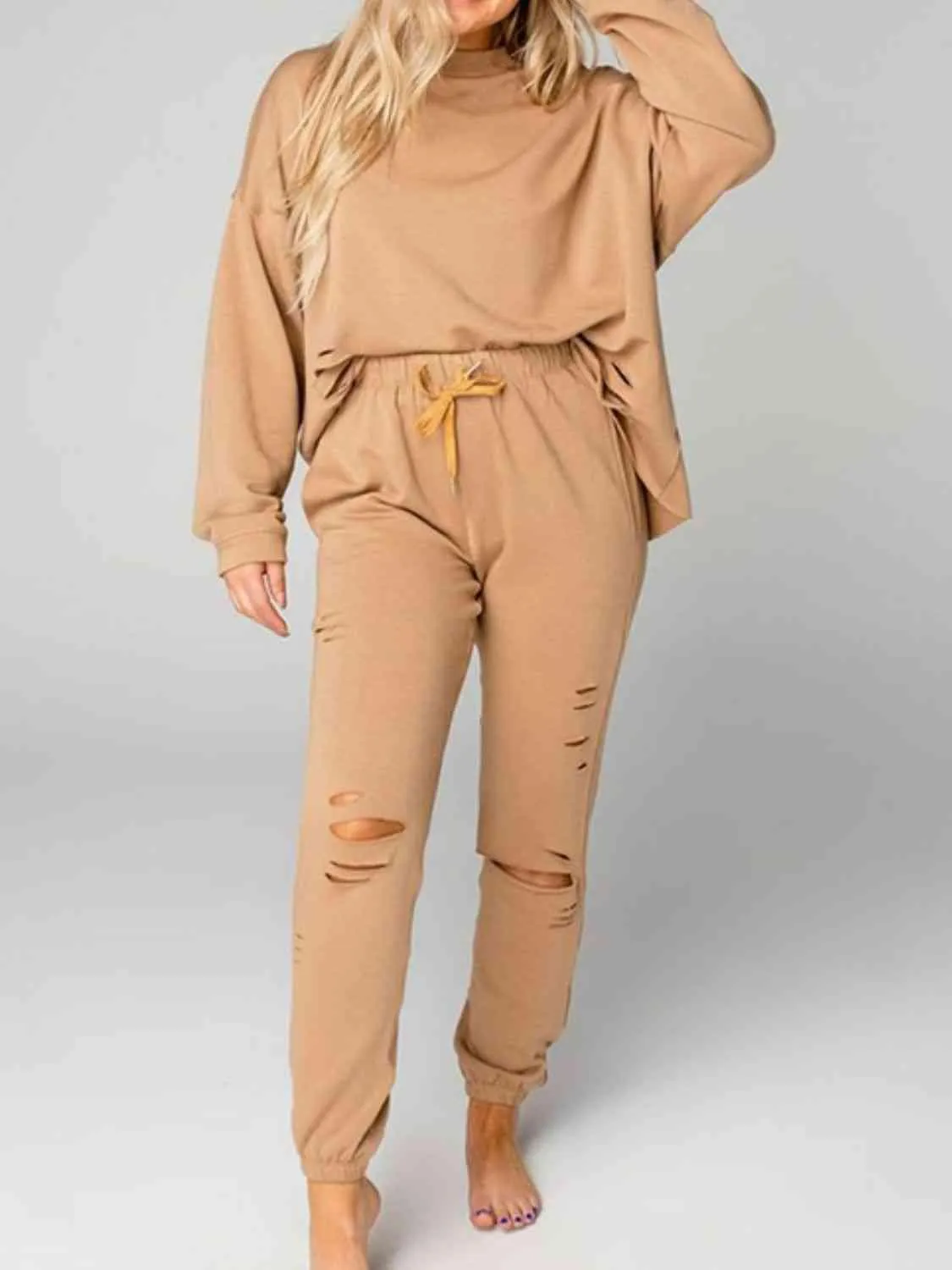 Worn Out Look Distressed Sweatshirt and Joggers Set
