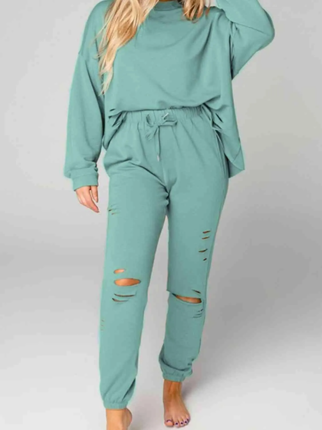Worn Out Look Distressed Sweatshirt and Joggers Set